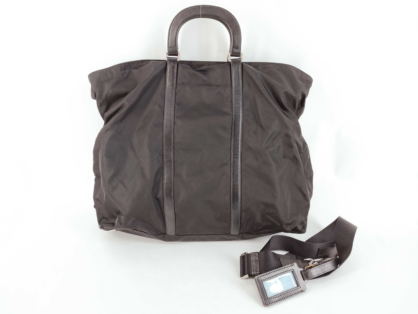 PRADA Nylon Tote Bag with Triangle Plate and Shoulder Strap, Saffiano Black
