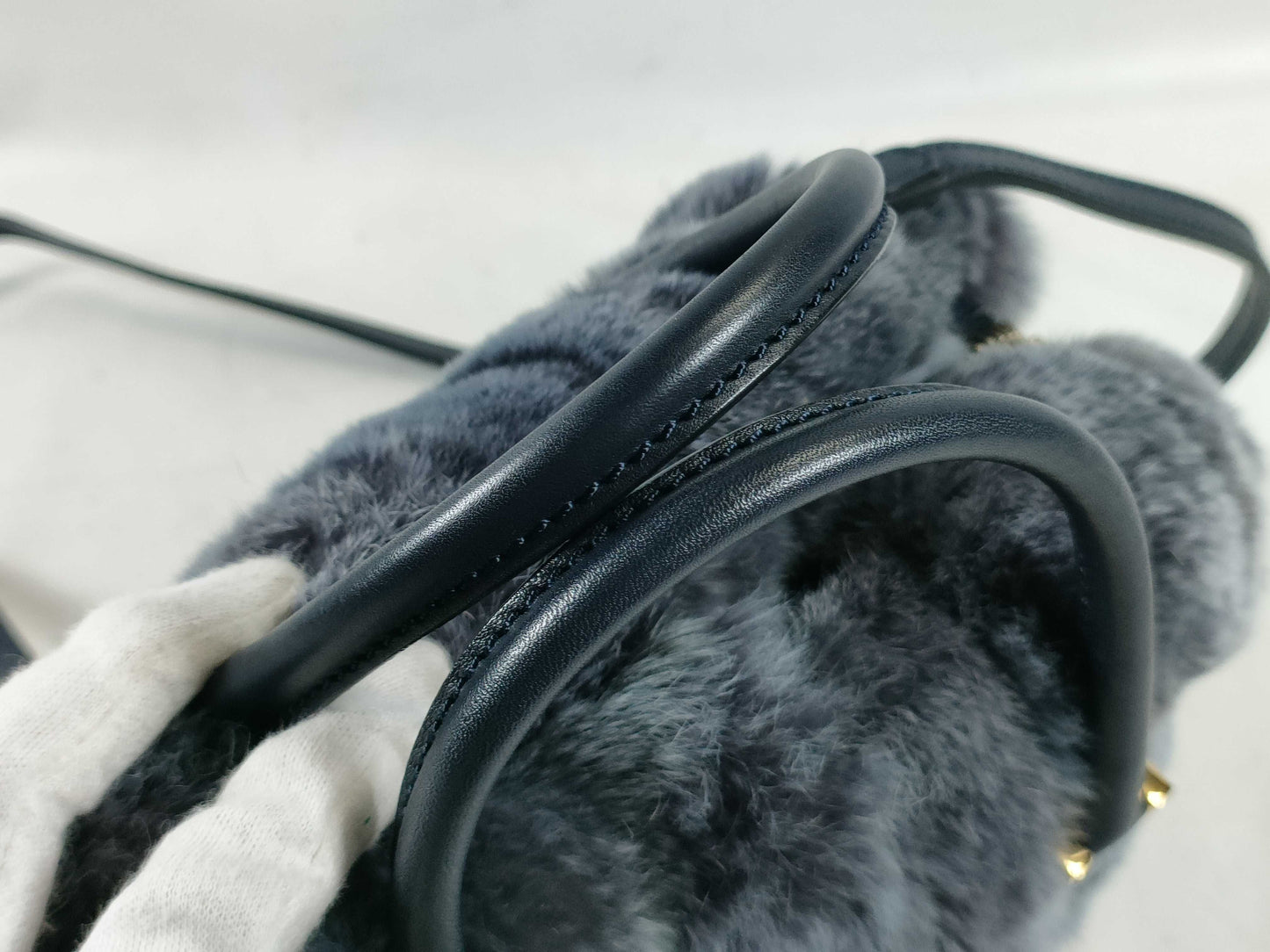 TODS Leather x Fur 2-Way Handbag Blue Handbag