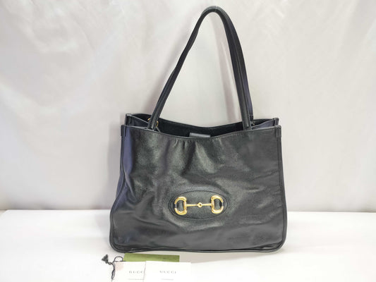 GUCCI PH-Gucci Black Leather Horsebit 1955 Large Tote Bag