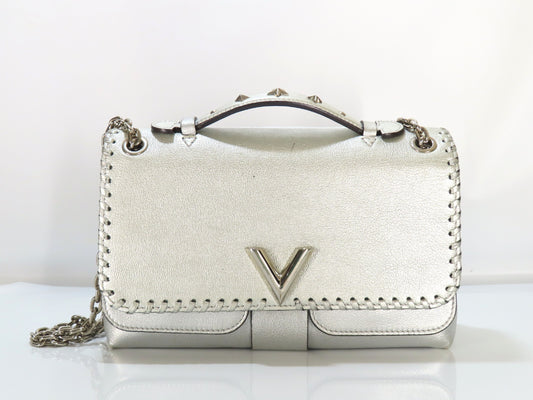 LOUIS VUITTON V-Logo x Leather Very Chain Bag M43201 FO2187 Silver RFID Enabled Handbag