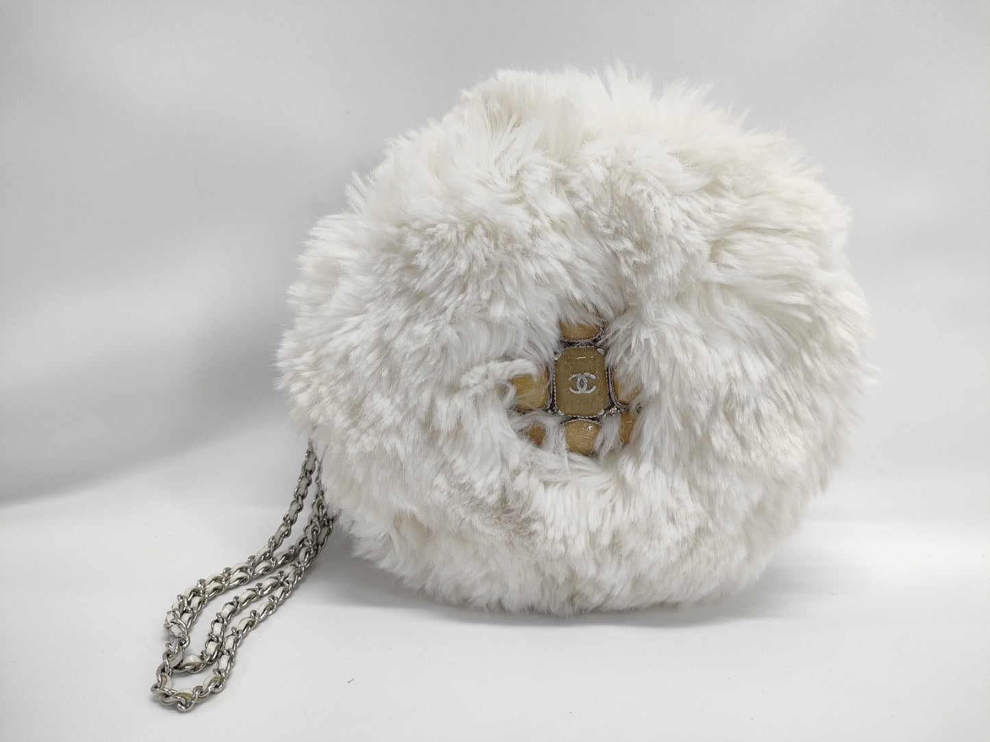 CHANEL Fur and Color Stone Round Chain Shoulder Bag with Sticker