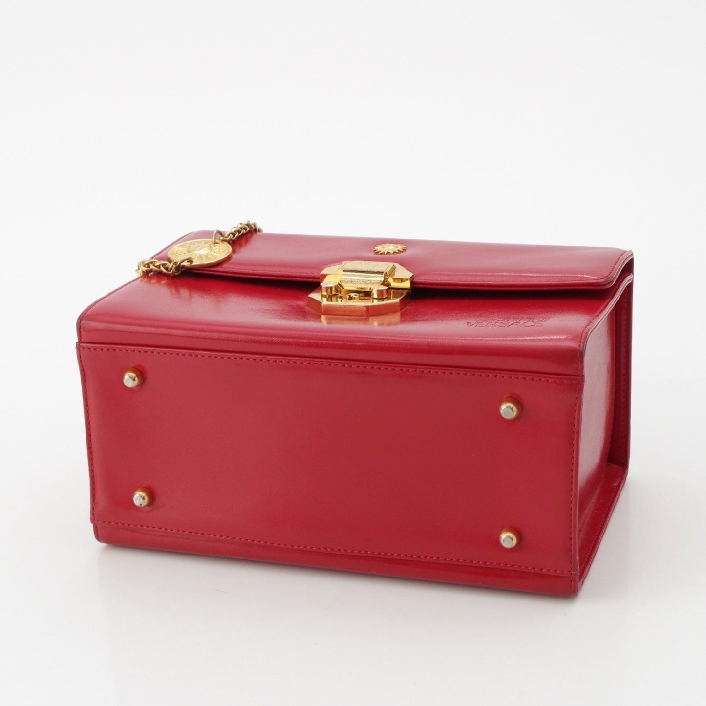 VERSACE Vintage Leather Top Handle Charm Vanity Bag in Red / Outer Box, Dust Bag, Charm, Other Accessories