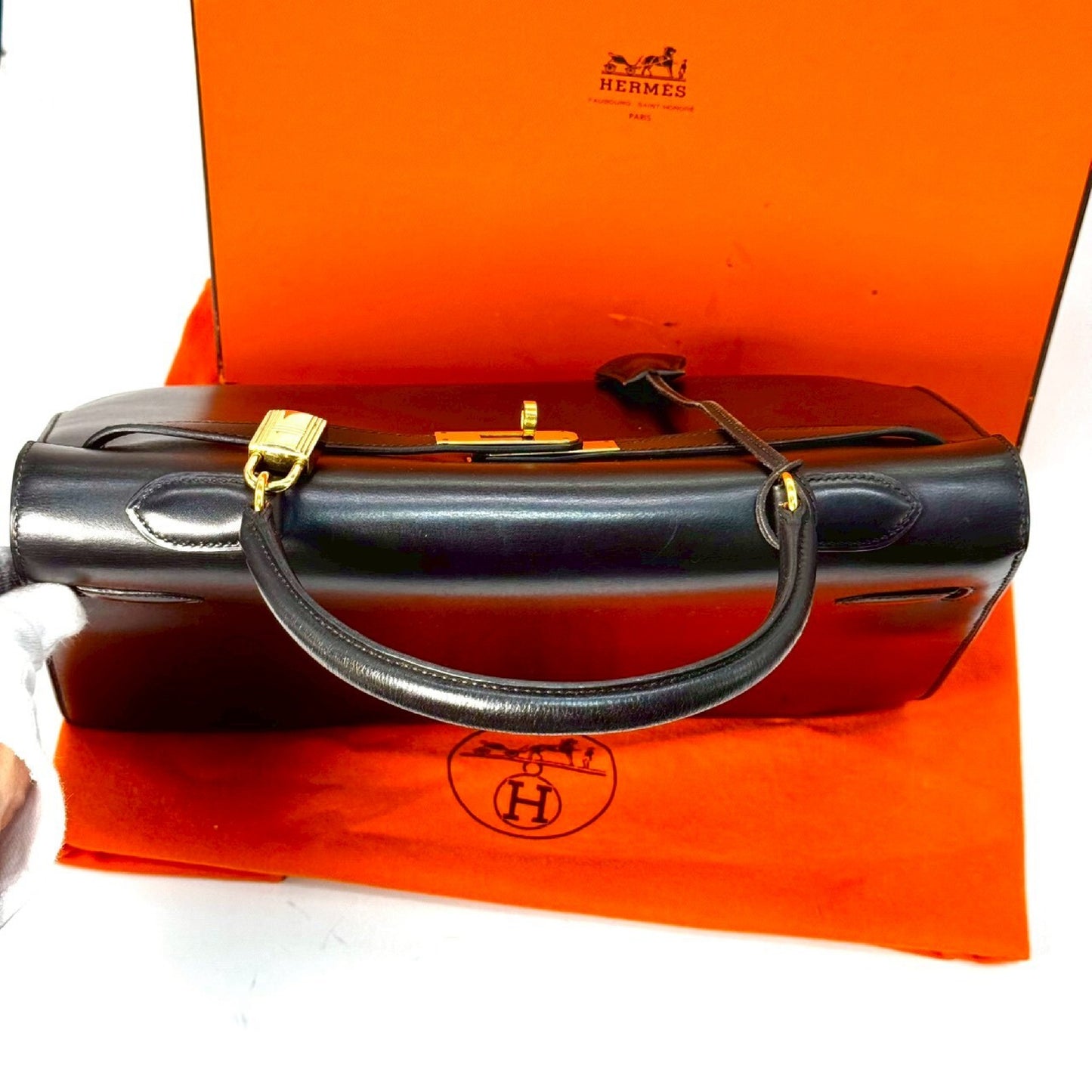 HERMES Kelly Kelly Bag, Black Box Calf Leather Handbag