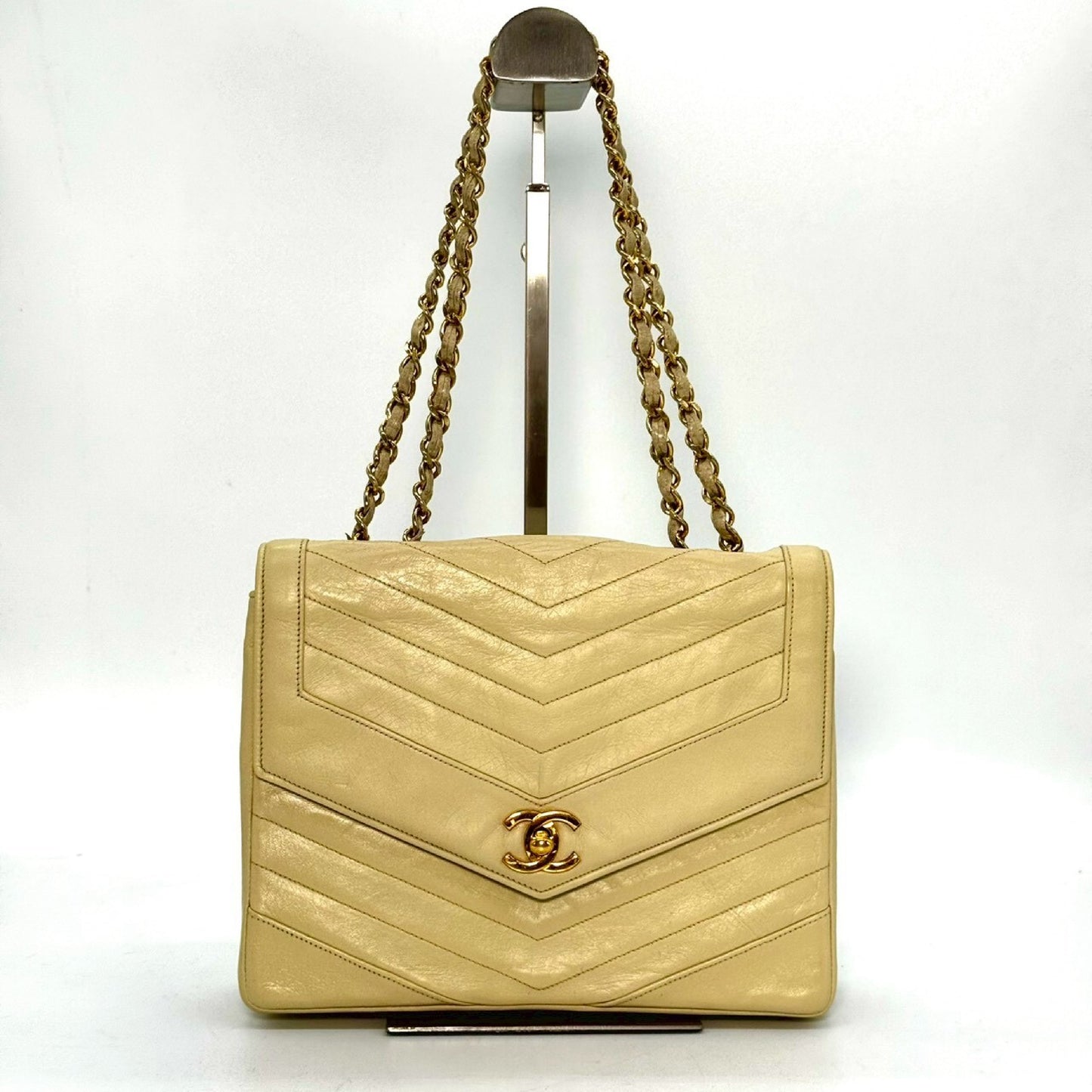 CHANEL V-Stitch Coco Mark Single Flap Chain Shoulder Bag Beige No Serial Seal Shoulder Bag