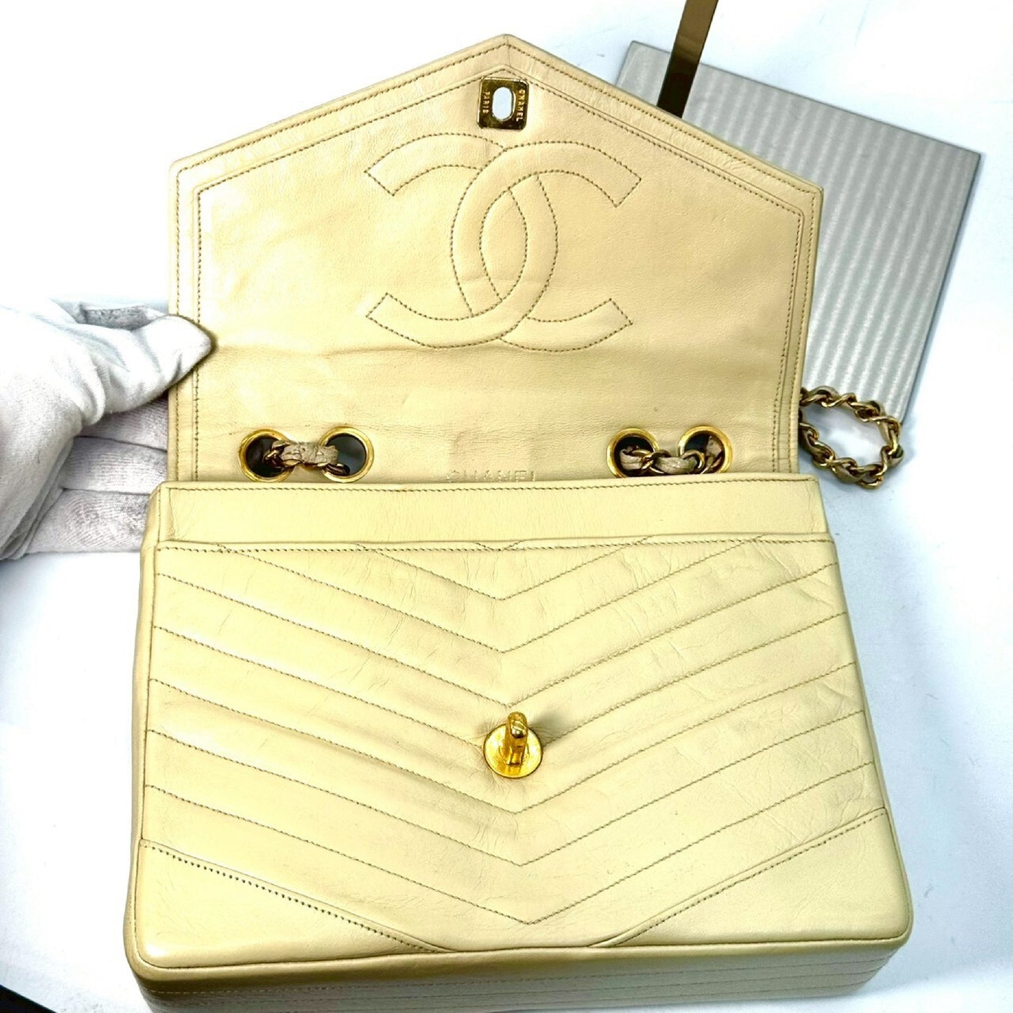 CHANEL V-Stitch Coco Mark Single Flap Chain Shoulder Bag Beige No Serial Seal Shoulder Bag