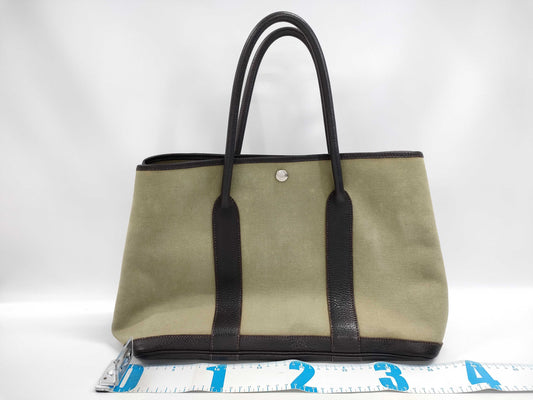 HERMES Garden Party PM Toile Off-White Khaki Handbag