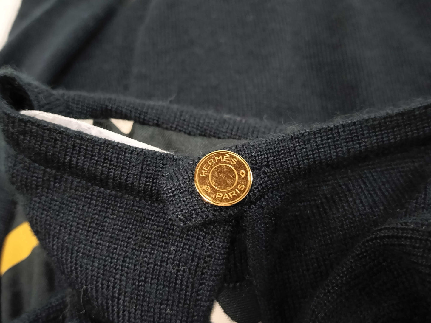 HERMES Ballerina Print ◎ HERMES Twill, Cashmere, Silk Knit Sweater with Serie Buttons and Gold Buttons, Ballet Scarf Pattern, Black, Yellow, Vintage Top