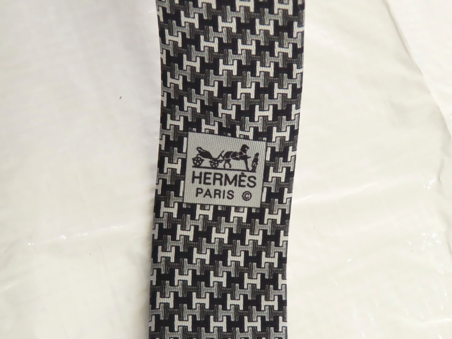 HERMES HERMES Silk H Logo All-Over Print Tie White/Black/Gray Tie
