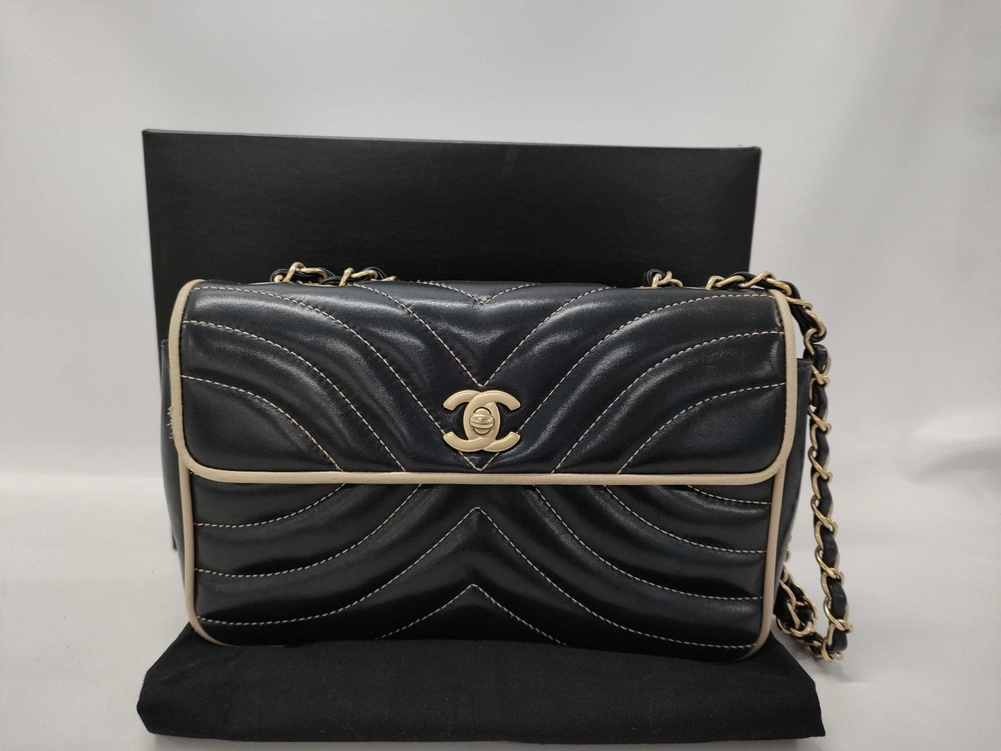 CHANEL Chain Shoulder Bag with V-Stitching, Lambskin, Black and Beige, GP Shoulder Bag