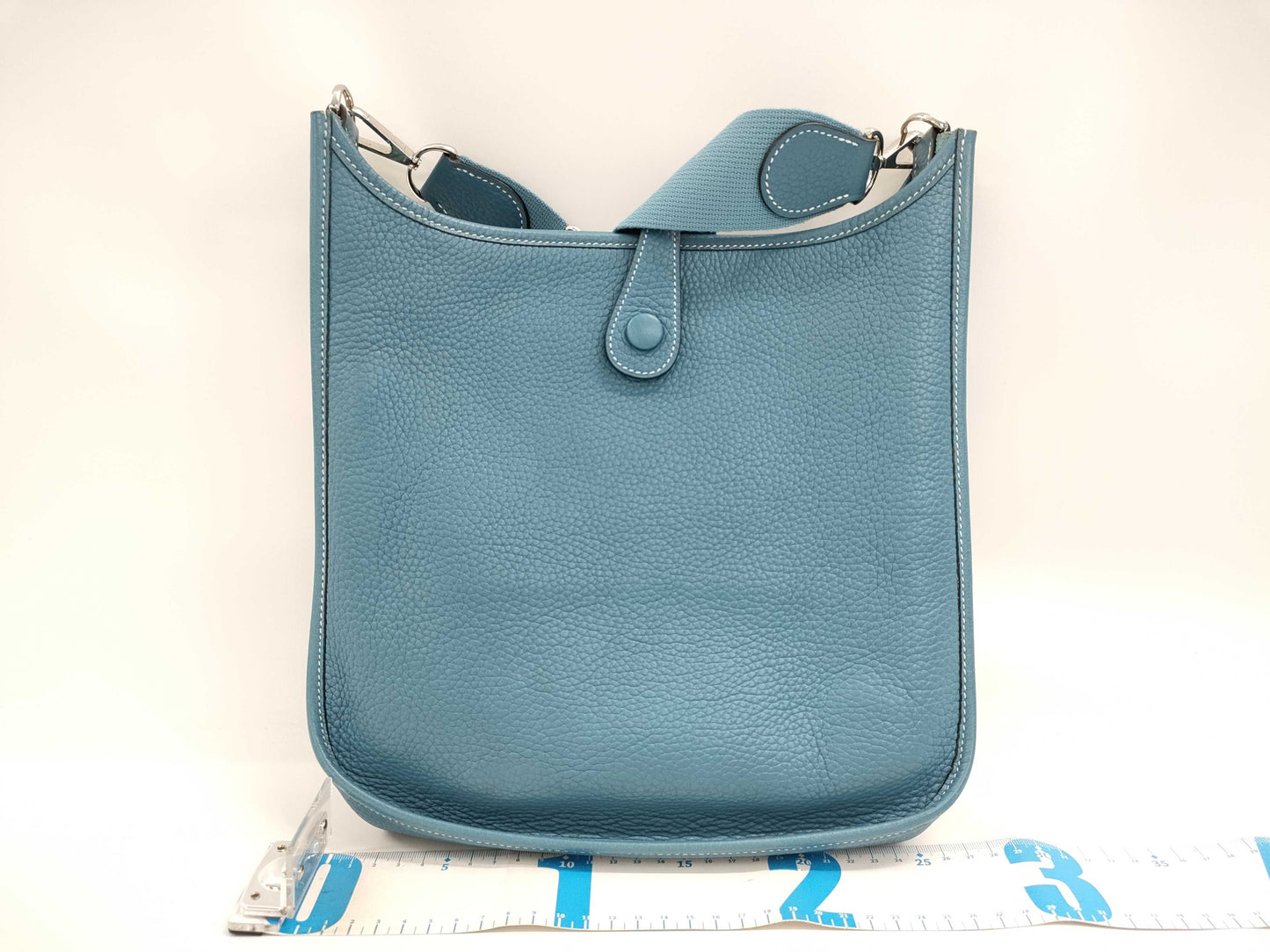 HERMES Evelyne 29 I PM Blue Jean Shoulder Bag with Silver Hardware and Stamped Silver. Adjustable Strap.