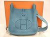 HERMES Evelyne 29 I PM Blue Jean Shoulder Bag with Silver Hardware and Stamped Silver. Adjustable Strap.