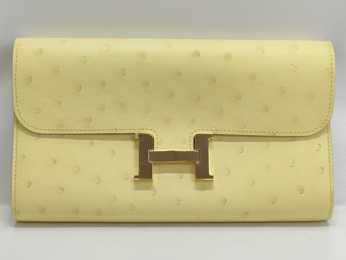 HERMES Constance To-Go Ostrich Limoncello Shoulder Bag with Gold Hardware and Double Stamp