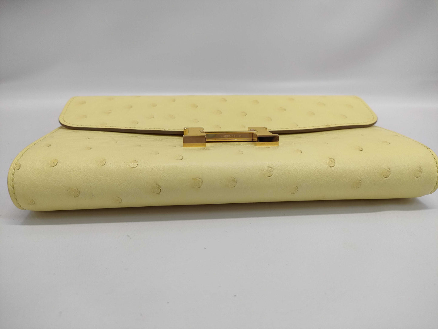 HERMES Constance To-Go Ostrich Limoncello Shoulder Bag with Gold Hardware and Double Stamp