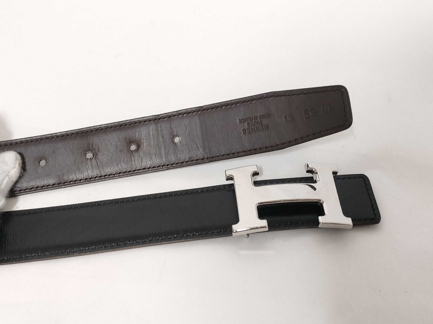 HERMES Constance H Belt, Box Calf, Black/Dark Brown, #85
