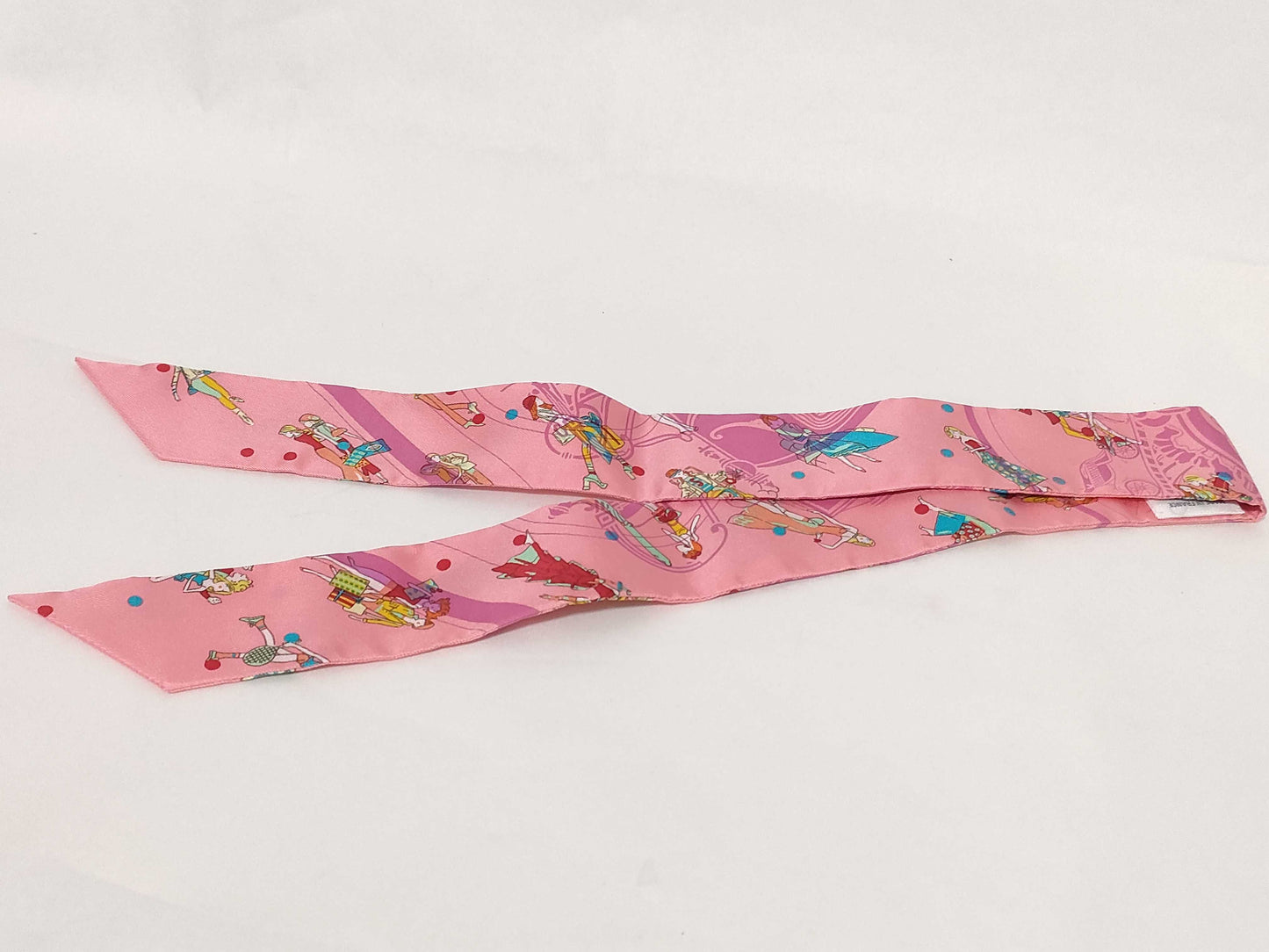 HERMES Twilly Ex-Libris Parisienne 100% Silk Scarf Pink/Multicolor