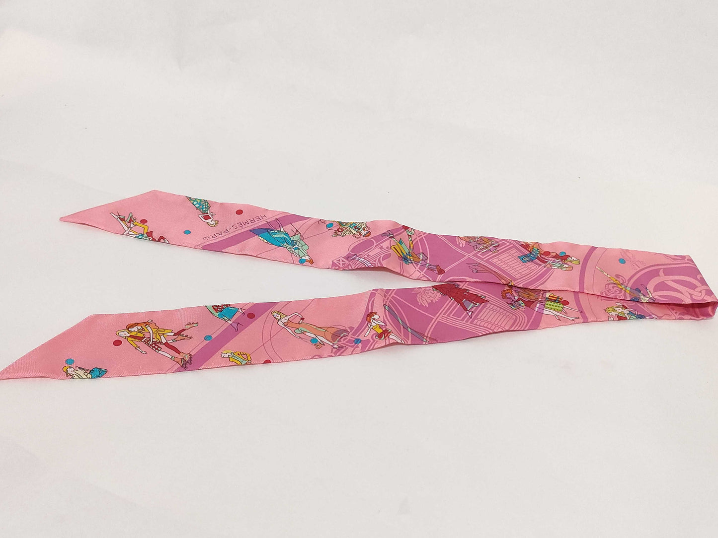 HERMES Twilly Ex-Libris Parisienne 100% Silk Scarf Pink/Multicolor