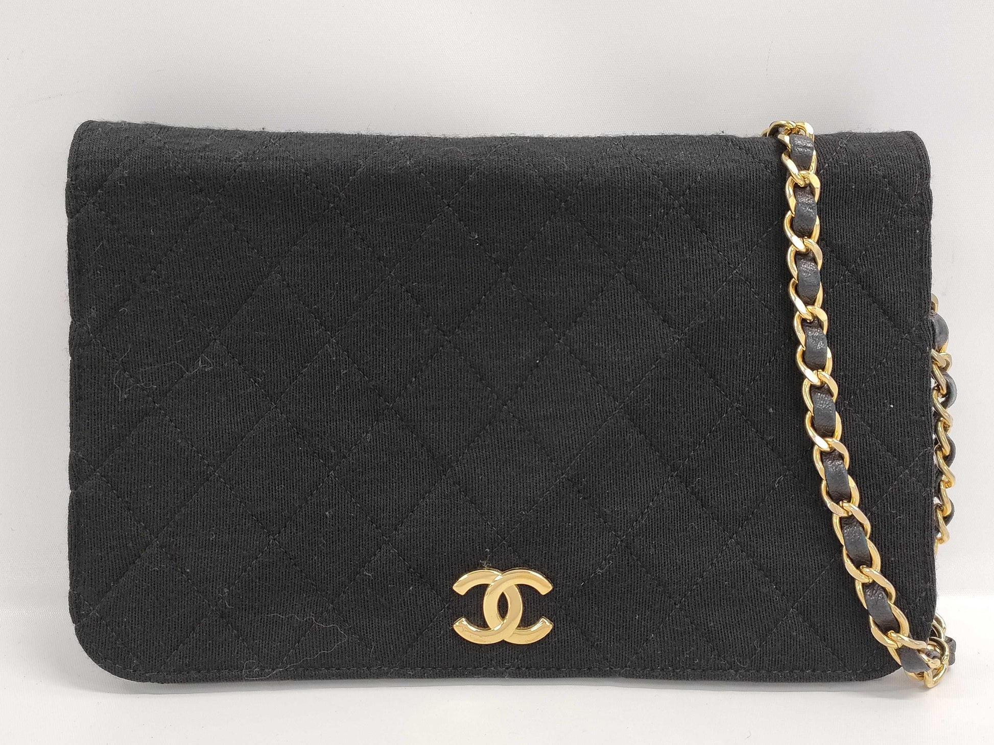 CHANEL Matelasse Chain Shoulder Bag in Black Cotton