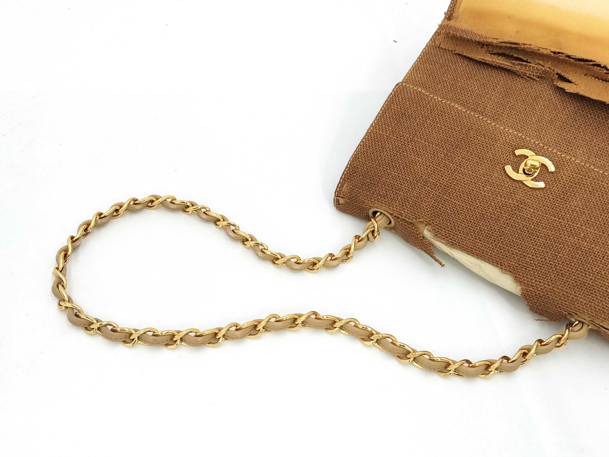 CHANEL Chain Shoulder Bag, Turn Lock, Linen, Brown, Shoulder Bag