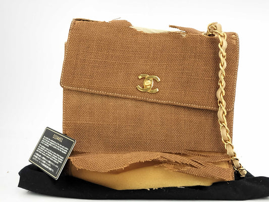 CHANEL Chain Shoulder Bag, Turn Lock, Linen, Brown, Shoulder Bag