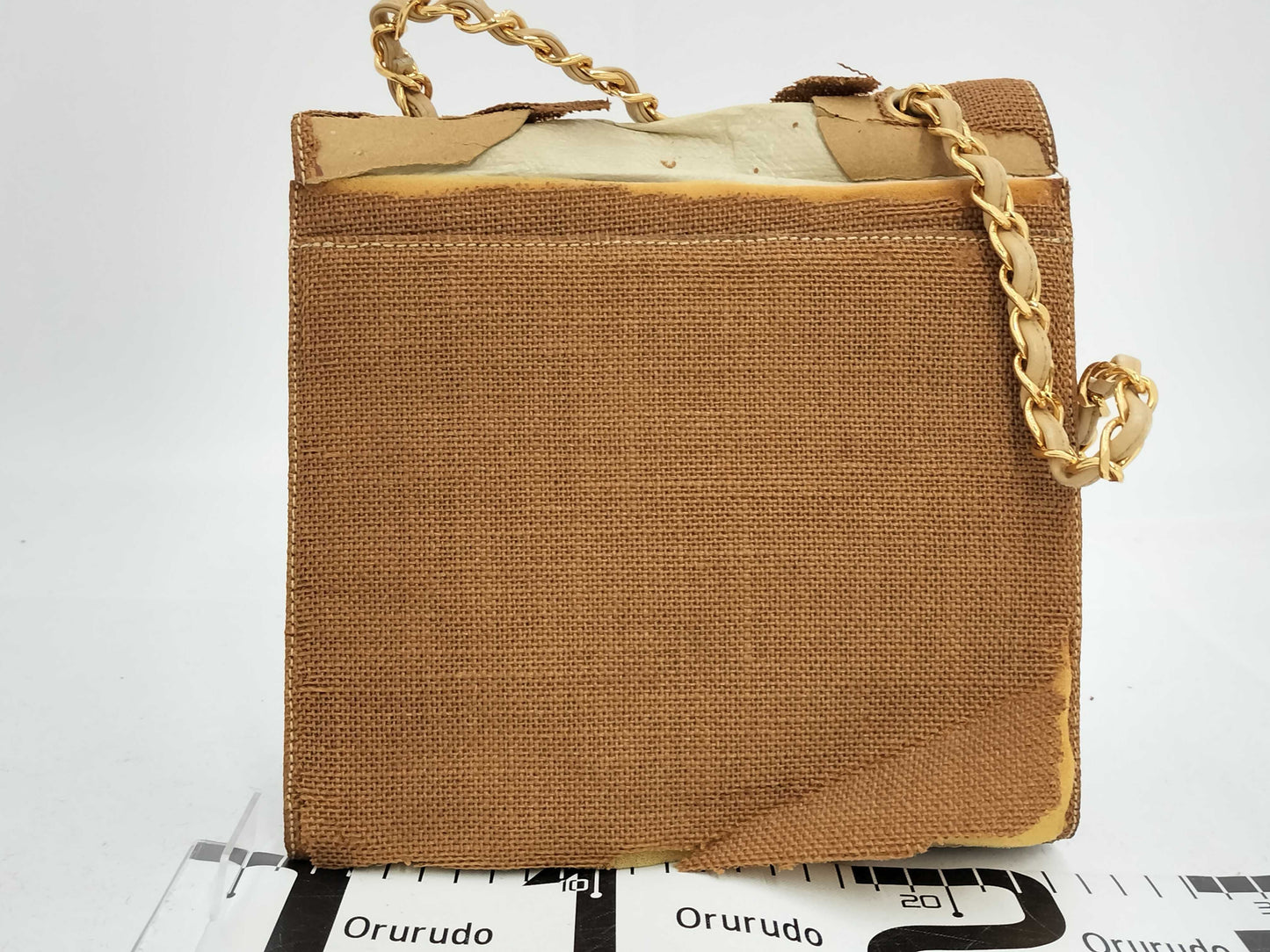 CHANEL Chain Shoulder Bag, Turn Lock, Linen, Brown, Shoulder Bag