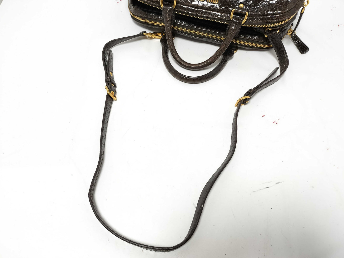 Miu Miu Miu Miu 2-Way Handbag with Long Strap, Crocodile Embossed, Brown