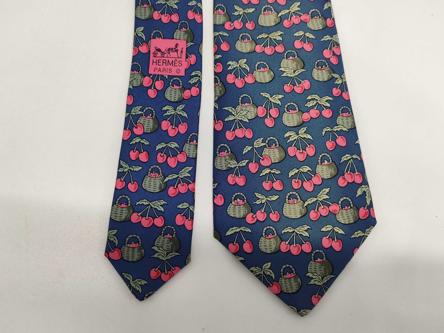 HERMES Cherry Pattern Blue Tie with Box