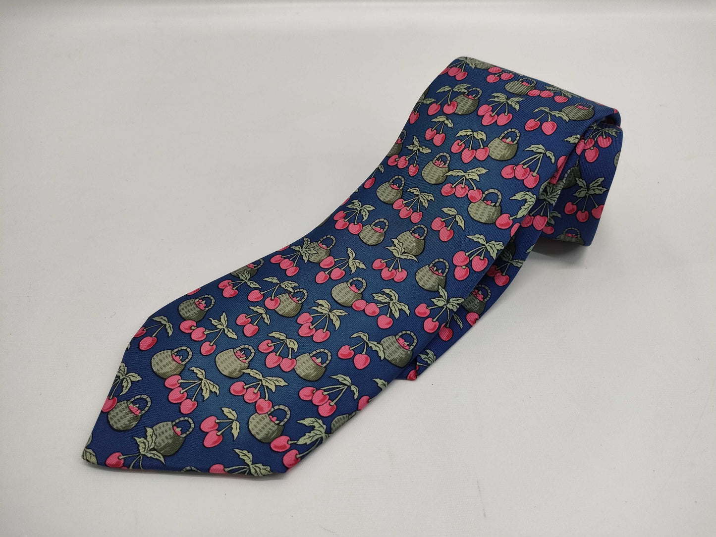 HERMES Cherry Pattern Blue Tie with Box