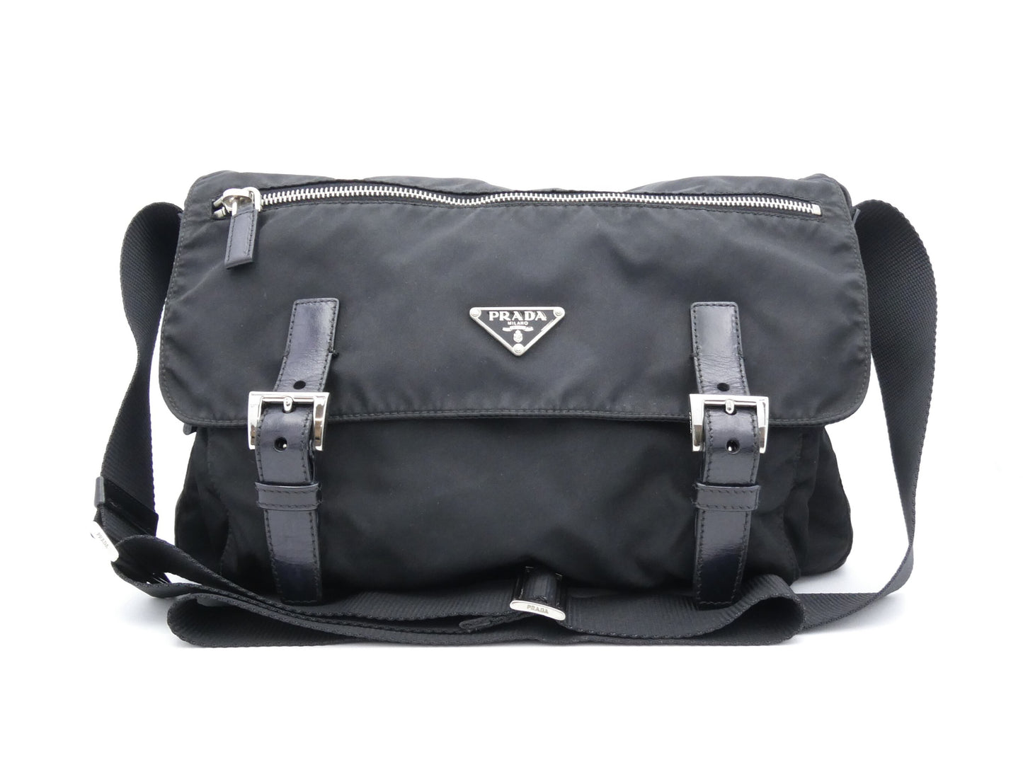 PRADA logo plate nylon and leather shoulder bag