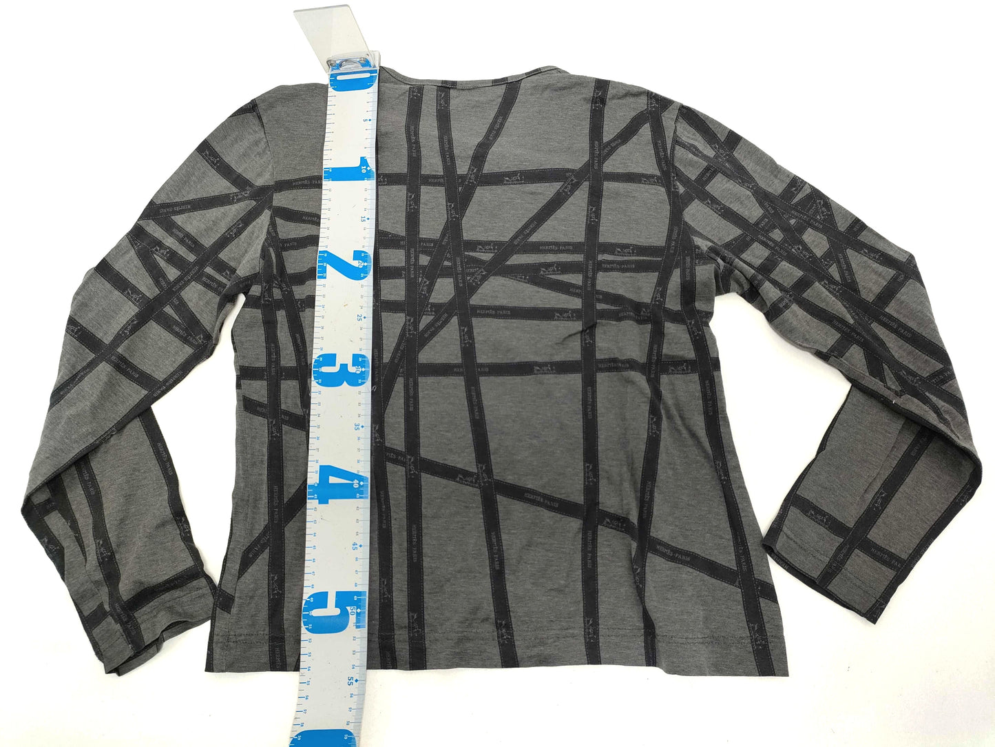 HERMES Women's Long Sleeve T-Shirt with Ribbon Pattern, Gray, Size L, Wrinkled