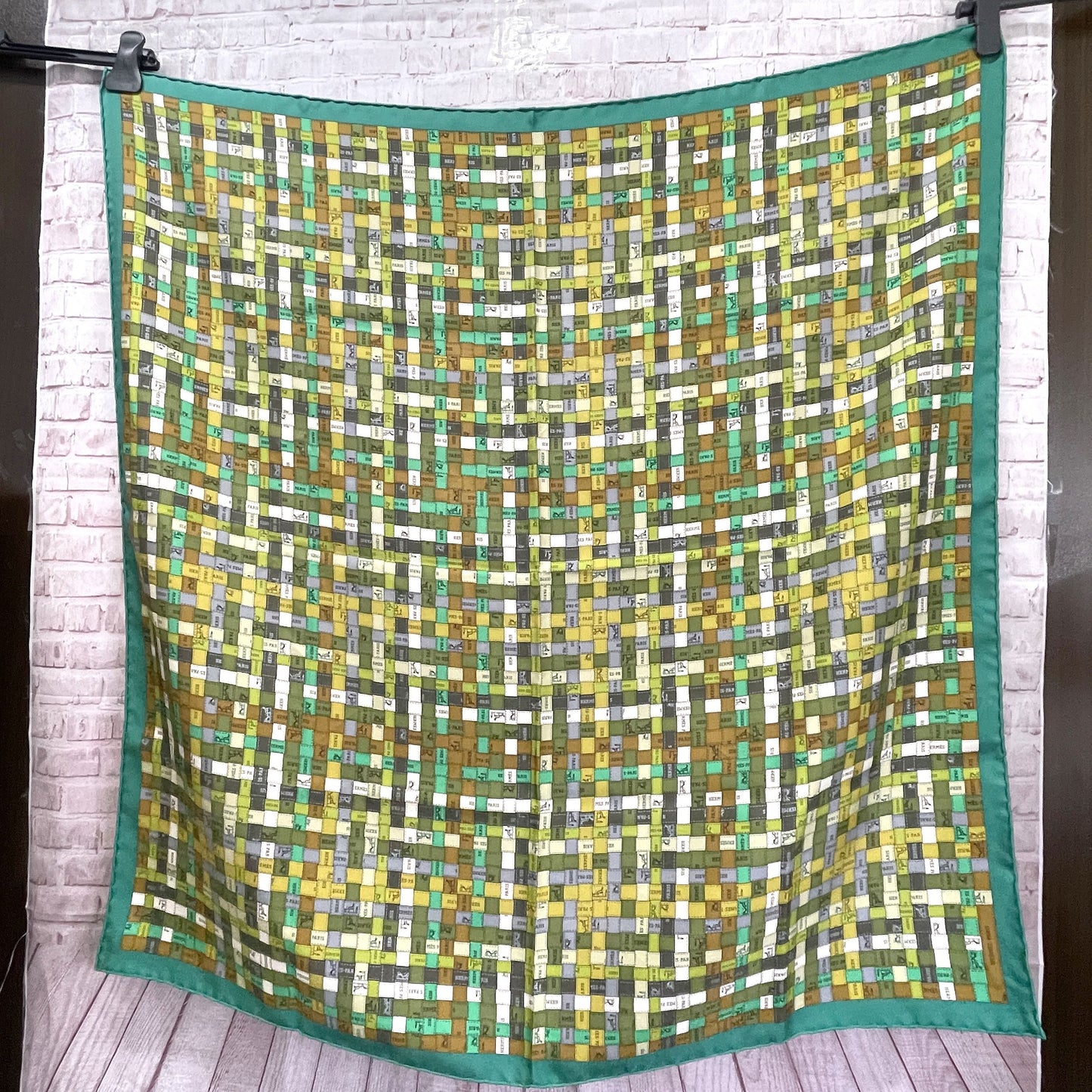 HERMES Carré 90 BOLDUC AU CARRE Ribbon Pattern Bolduc Check 100% Silk Scarf
