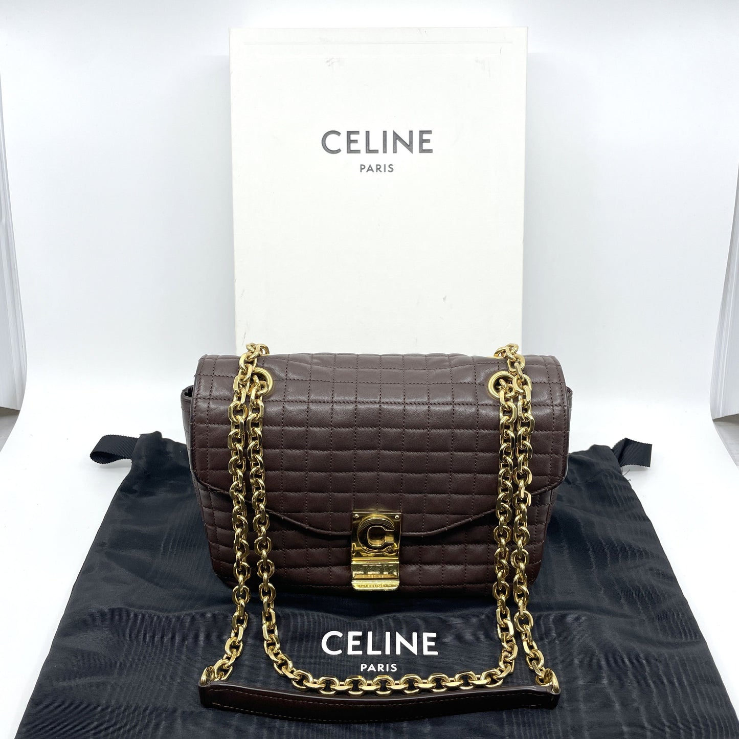 CELINE C Logo Quilted Medium Chain Shoulder Bag