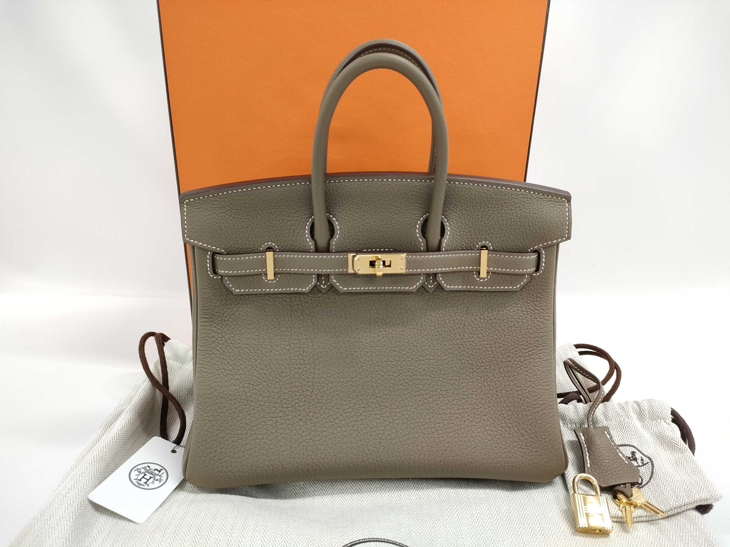 HERMES Birkin 25 Etoupe Gold Hardware Double Stamp Handbag