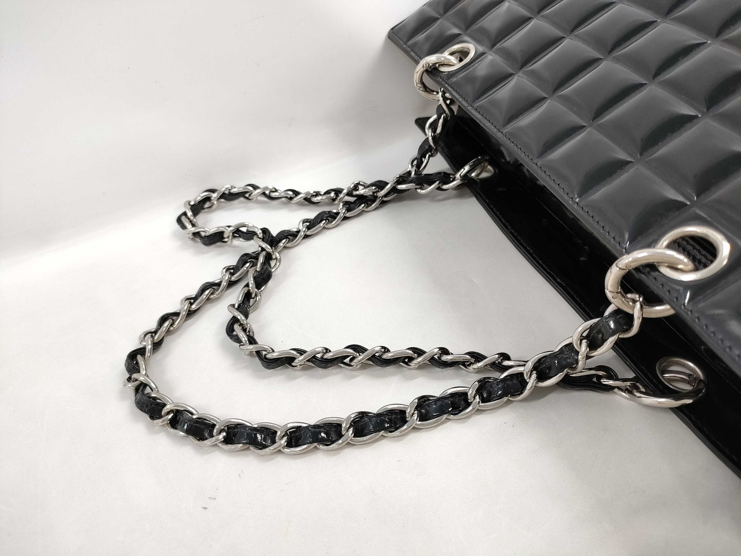 CHANEL CHANEL Chocolate Bar Enamel Chain Shoulder Bag with Silver Hardware and Coco Mark