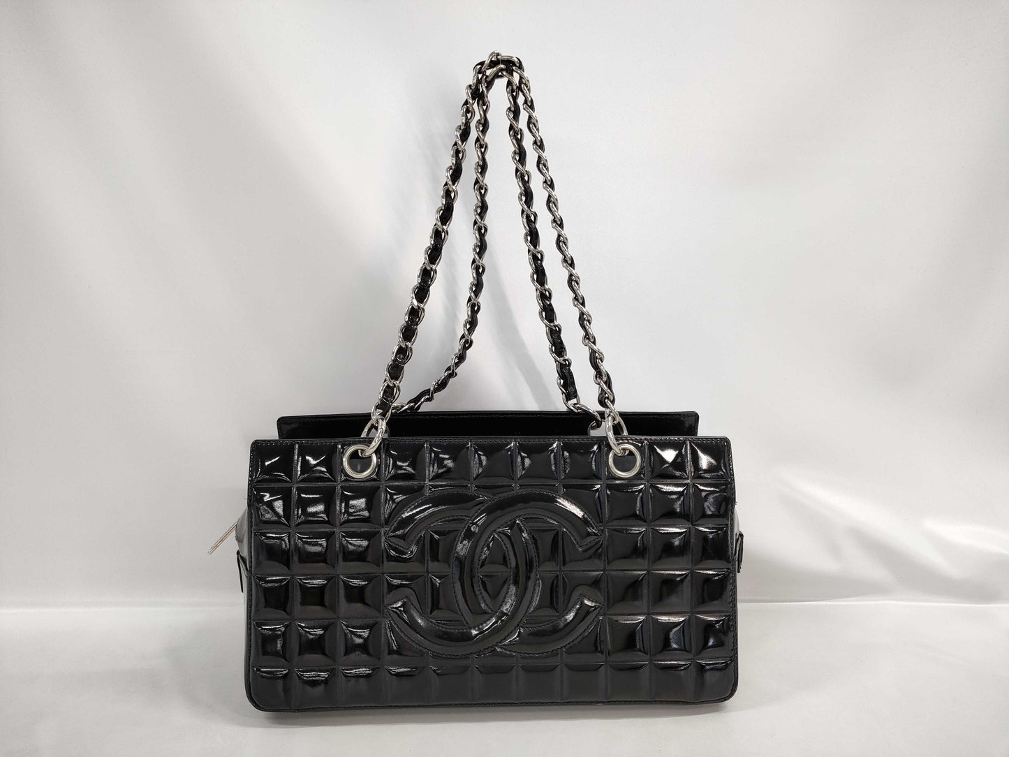 CHANEL CHANEL Chocolate Bar Enamel Chain Shoulder Bag with Silver Hardware and Coco Mark