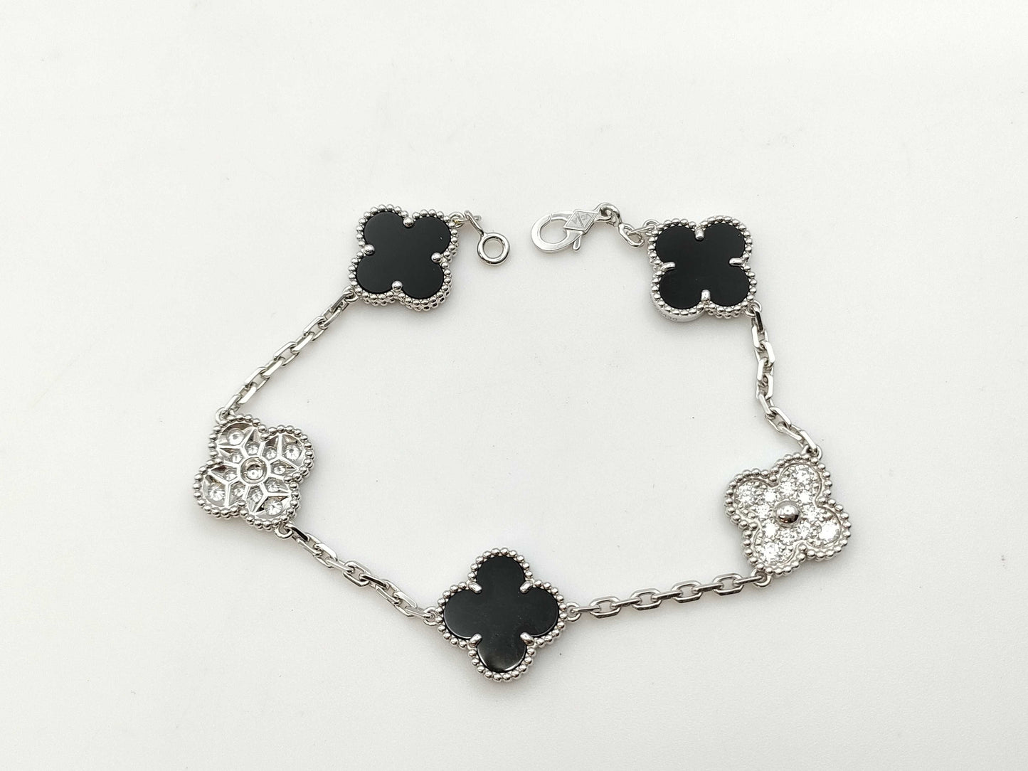 Van Cleef & Arpels Vintage Alhambra Onyx and Diamond Bracelet in WG Au750, 12.1g