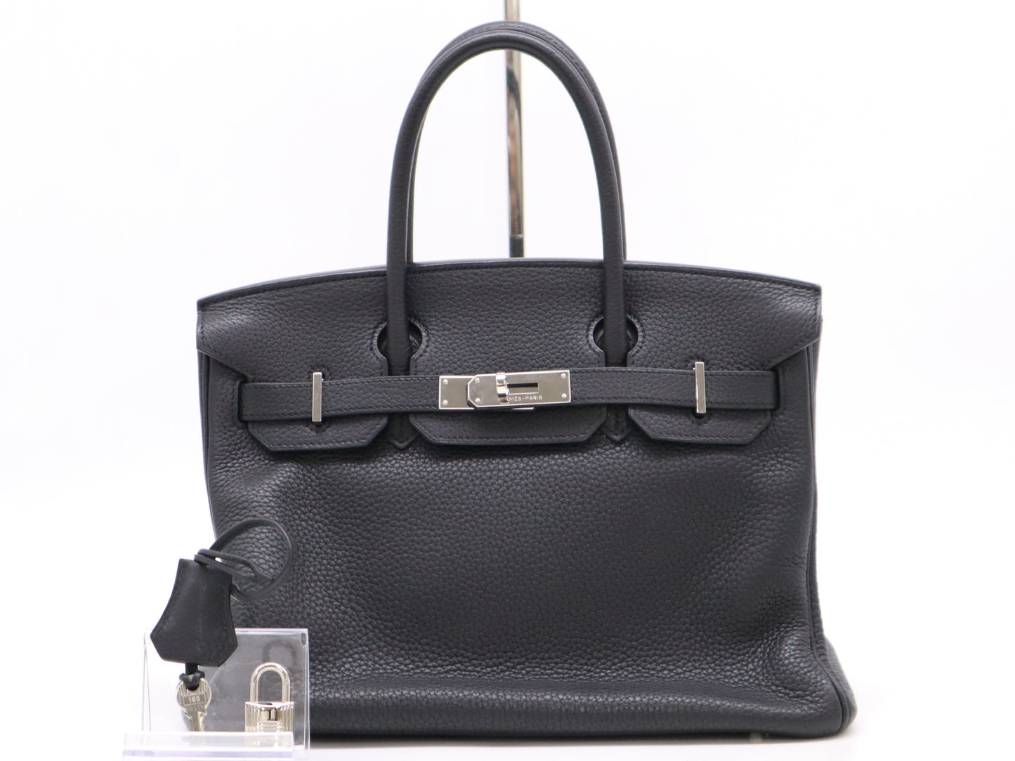 HERMES Leather Birkin 30 Black PK with Clochette, Cadena, and 2 Keys, □M Stamp, 2009, 38 Handbag