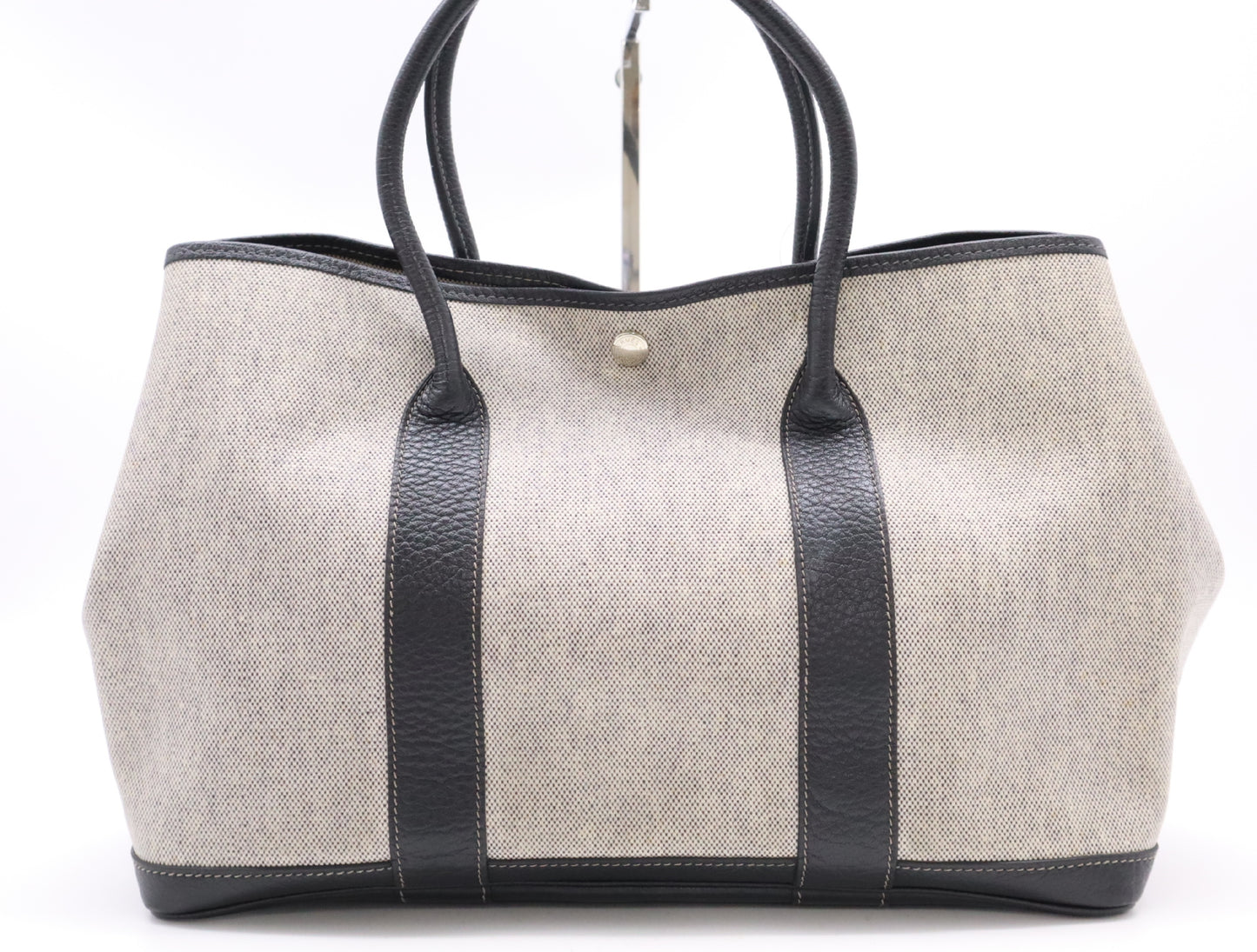 HERMES Garden Party 36 PM Black Silver Hardware F Stamp 2002 Toile H Leather Gray Handbag
