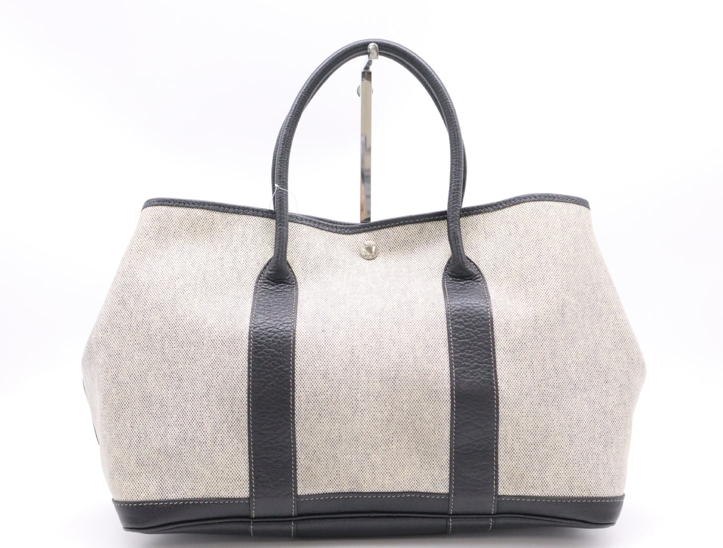 HERMES Garden Party 36 PM Black Silver Hardware F Stamp 2002 Toile H Leather Gray Handbag