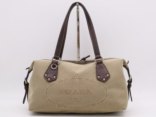 PRADA Canvas/Leather Logo Jacquard Bag Handbag