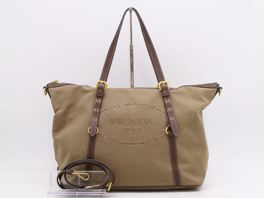 PRADA Canvas/Leather Logo Jacquard 2-Way Bag with Shoulder Strap, White Tag Included