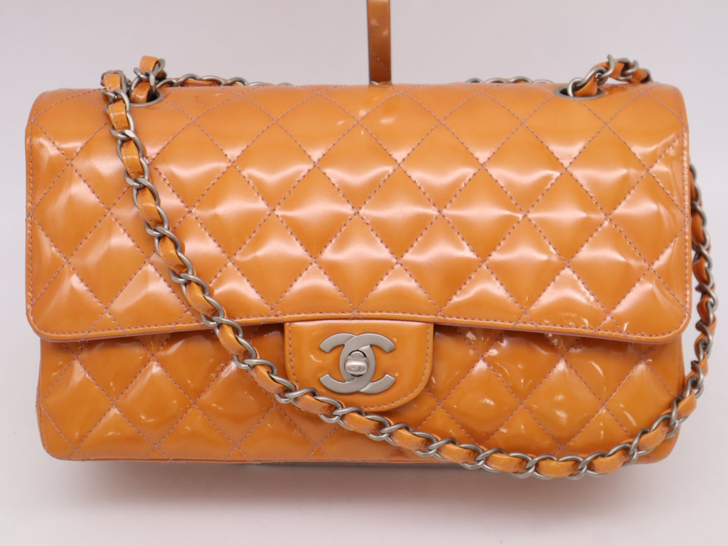 CHANEL Enamel Matelasse 26 Double Flap Double Chain Shoulder Bag with Sterling Silver Hardware and Orange Seal 6662396