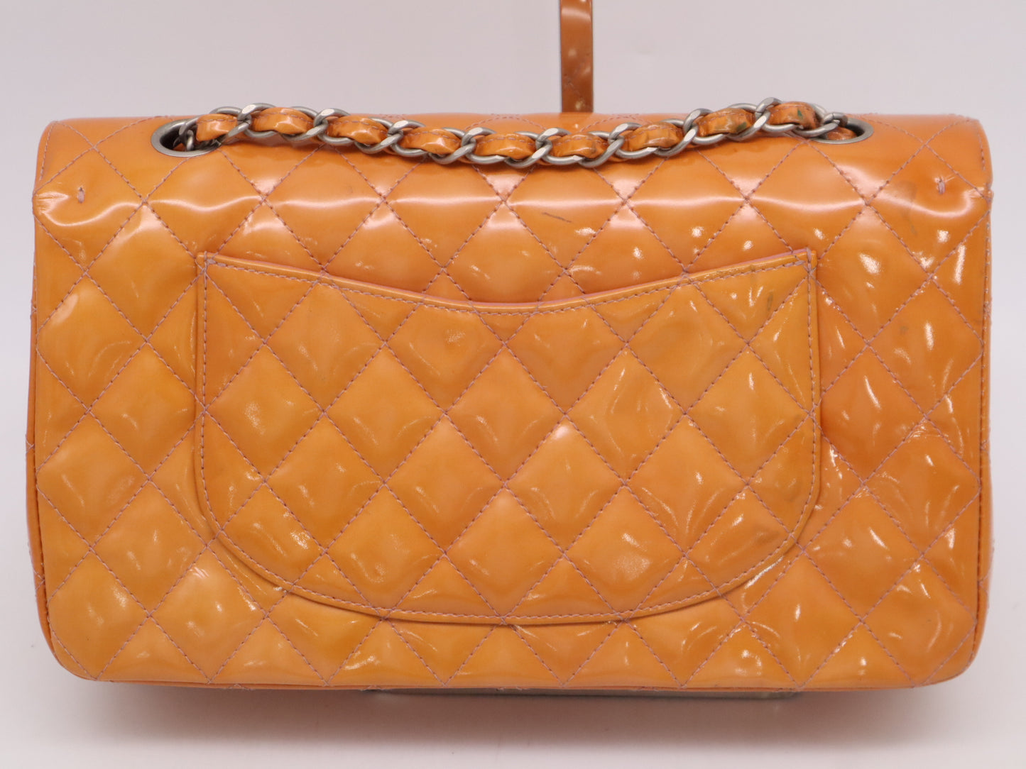 CHANEL Enamel Matelasse 26 Double Flap Double Chain Shoulder Bag with Sterling Silver Hardware and Orange Seal 6662396