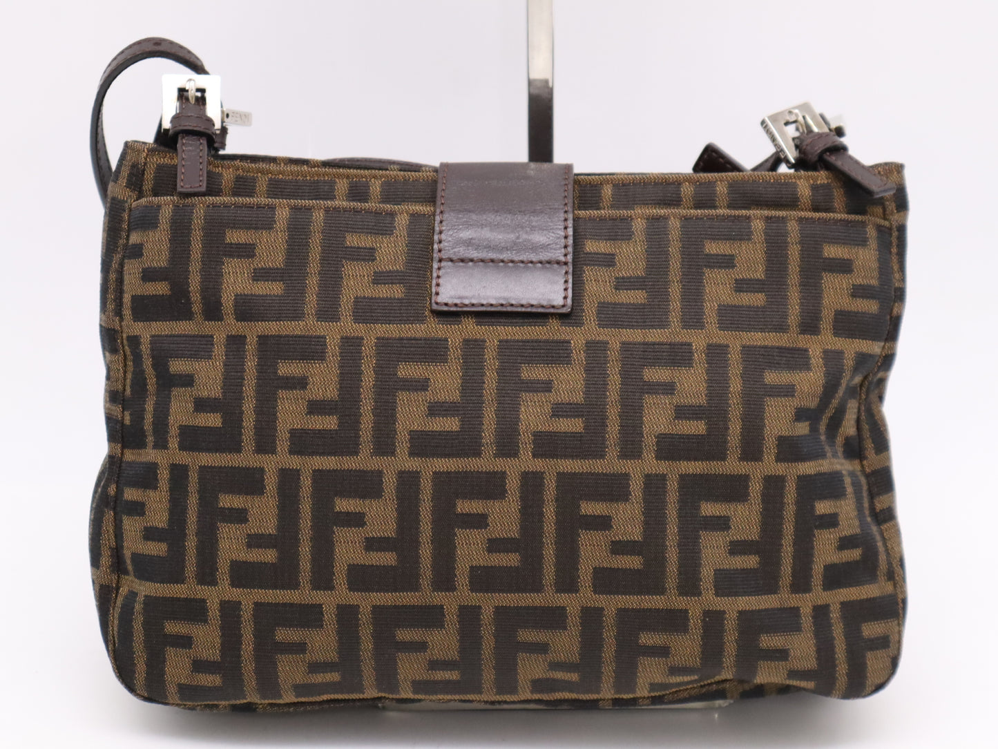 FENDI nylon canvas shoulder bag with Zucca SV hardware, dark brown, comes with dust bag