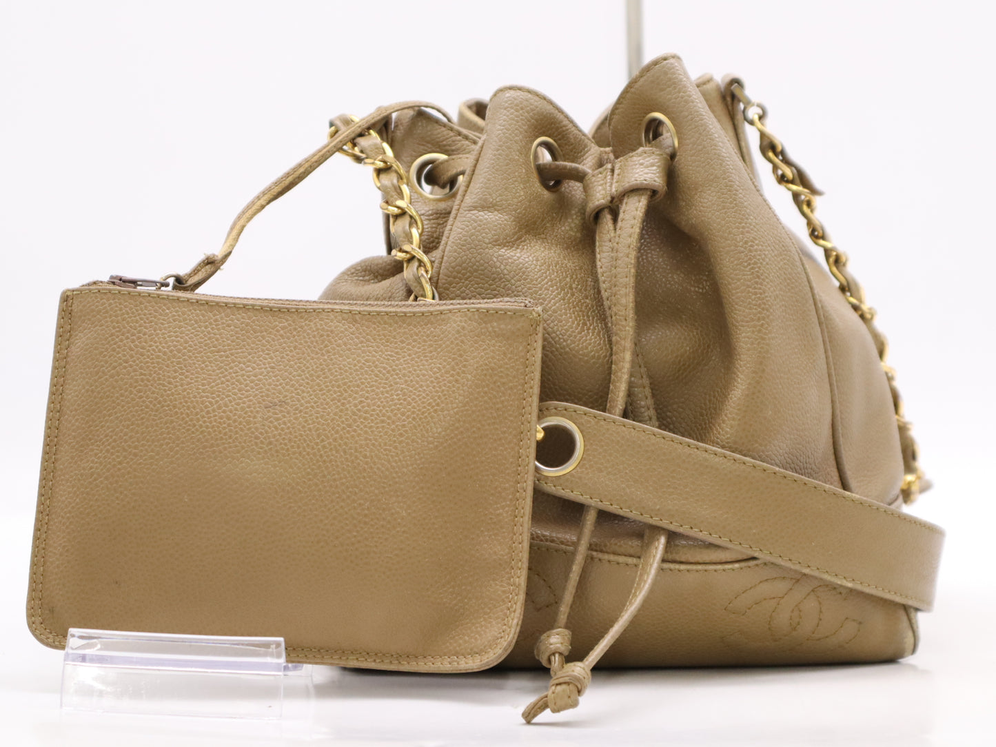 CHANEL Caviar Skin Coco Mark Drawstring Shoulder Bag with S Chain, GD Hardware, Beige, Pouch Included, Unclear Seal