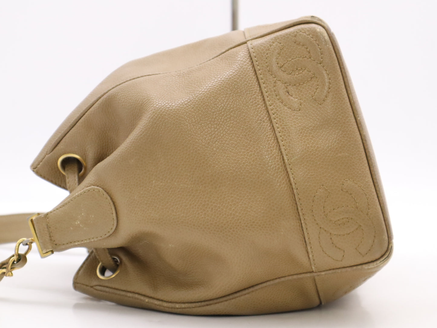 CHANEL Caviar Skin Coco Mark Drawstring Shoulder Bag with S Chain, GD Hardware, Beige, Pouch Included, Unclear Seal