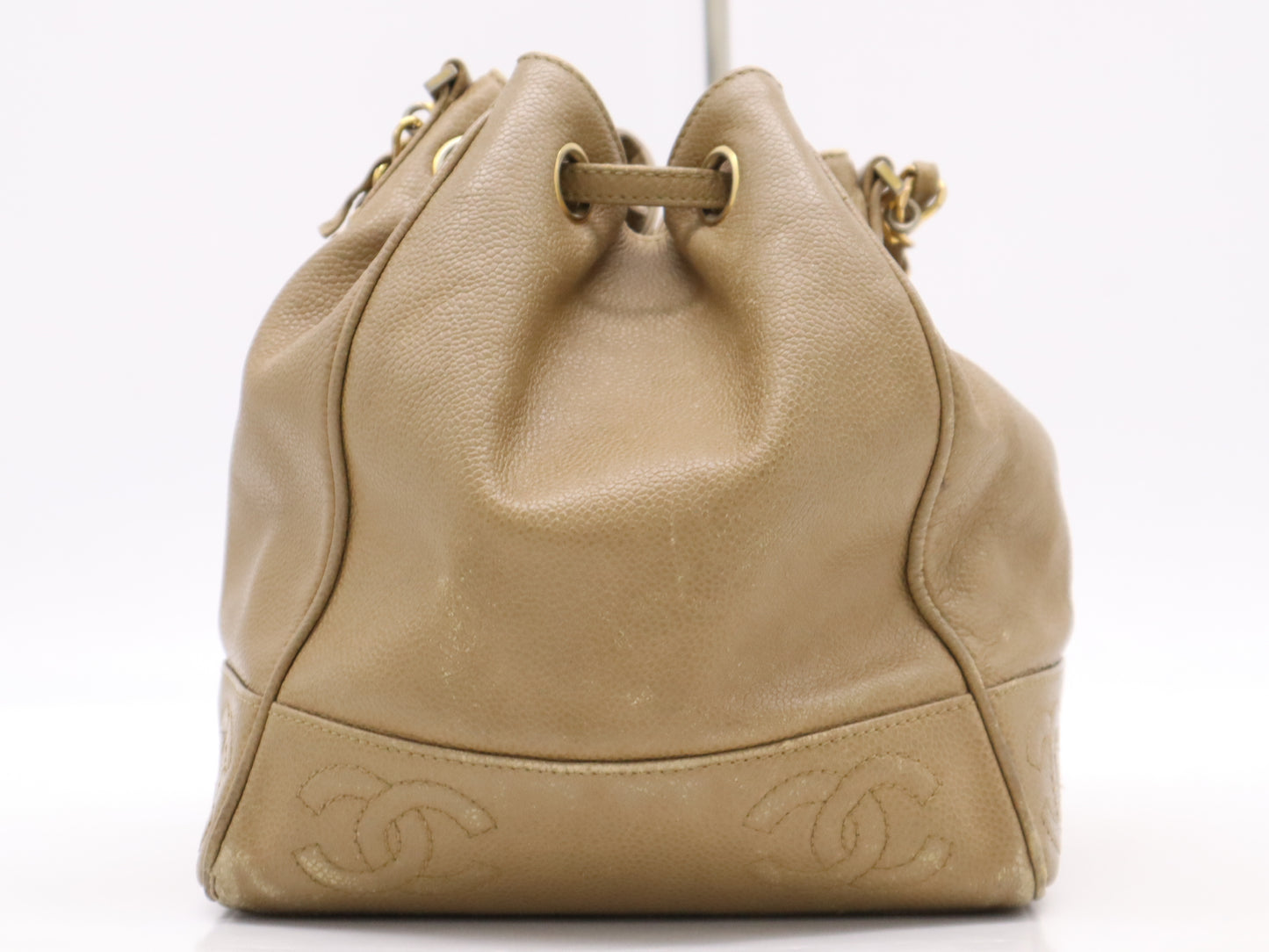 CHANEL Caviar Skin Coco Mark Drawstring Shoulder Bag with S Chain, GD Hardware, Beige, Pouch Included, Unclear Seal