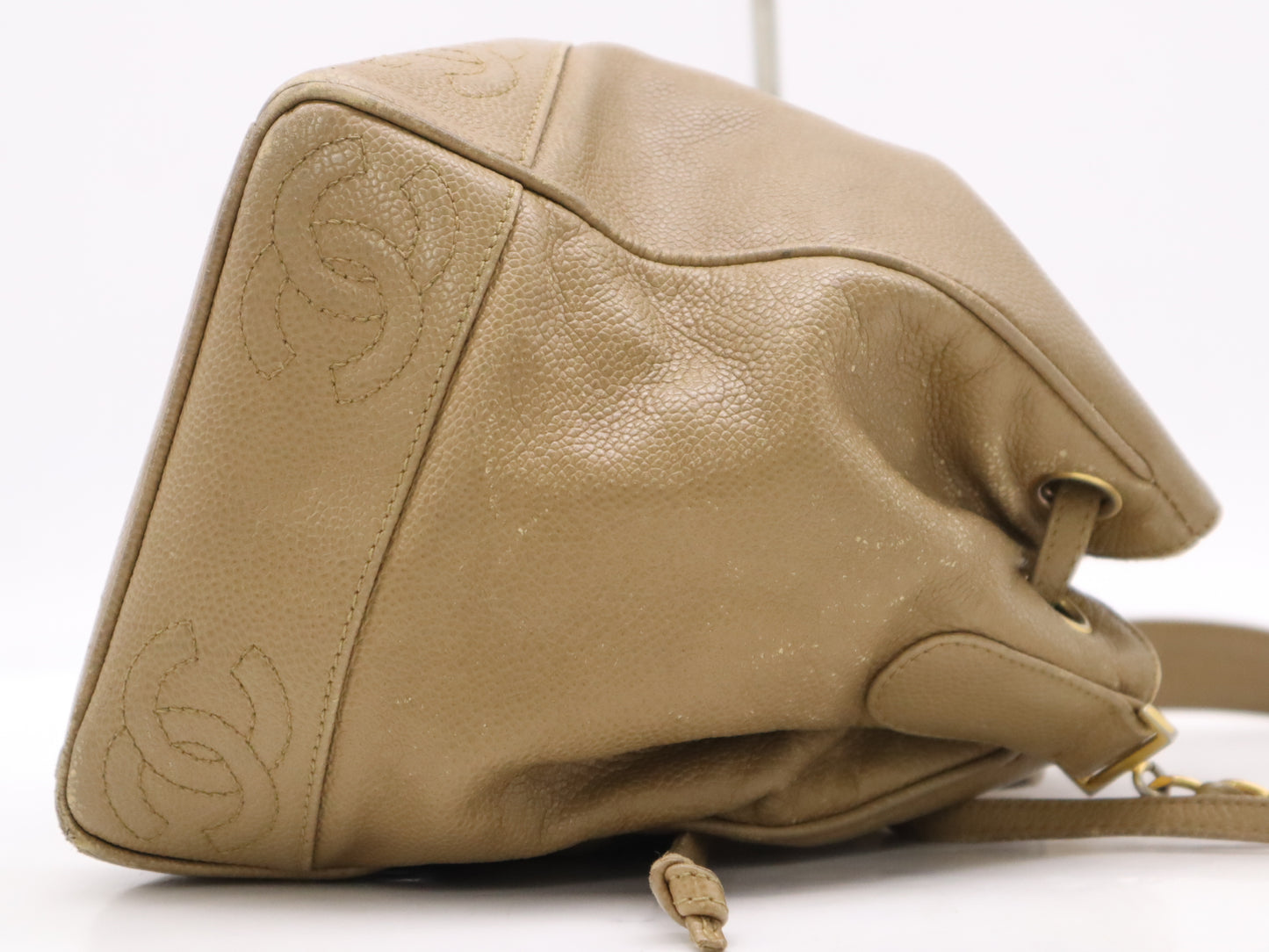 CHANEL Caviar Skin Coco Mark Drawstring Shoulder Bag with S Chain, GD Hardware, Beige, Pouch Included, Unclear Seal