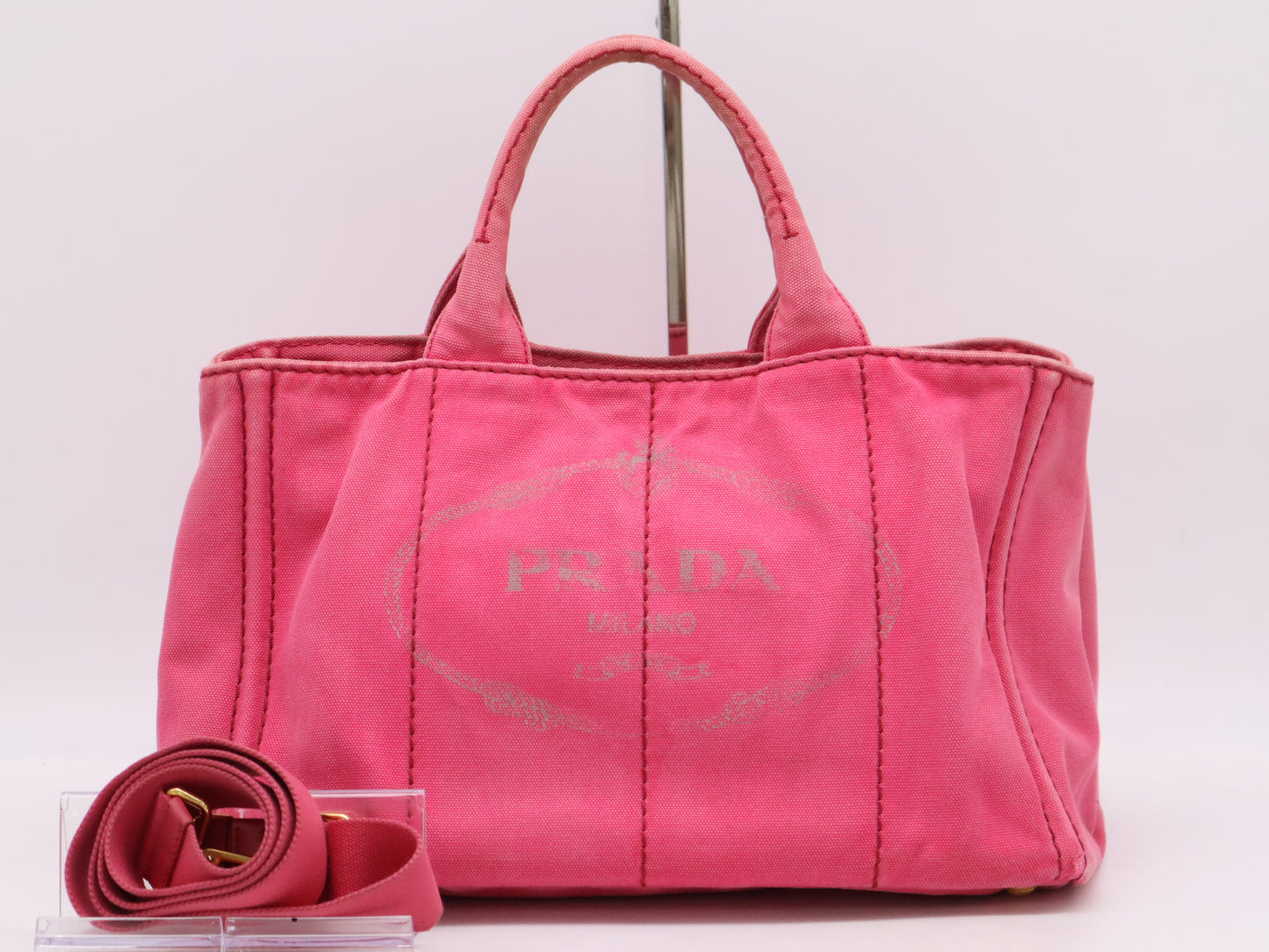 PRADA Canvas Canapa Tote #M Handbag, 2-Way, Fuchsia, with Shoulder Strap