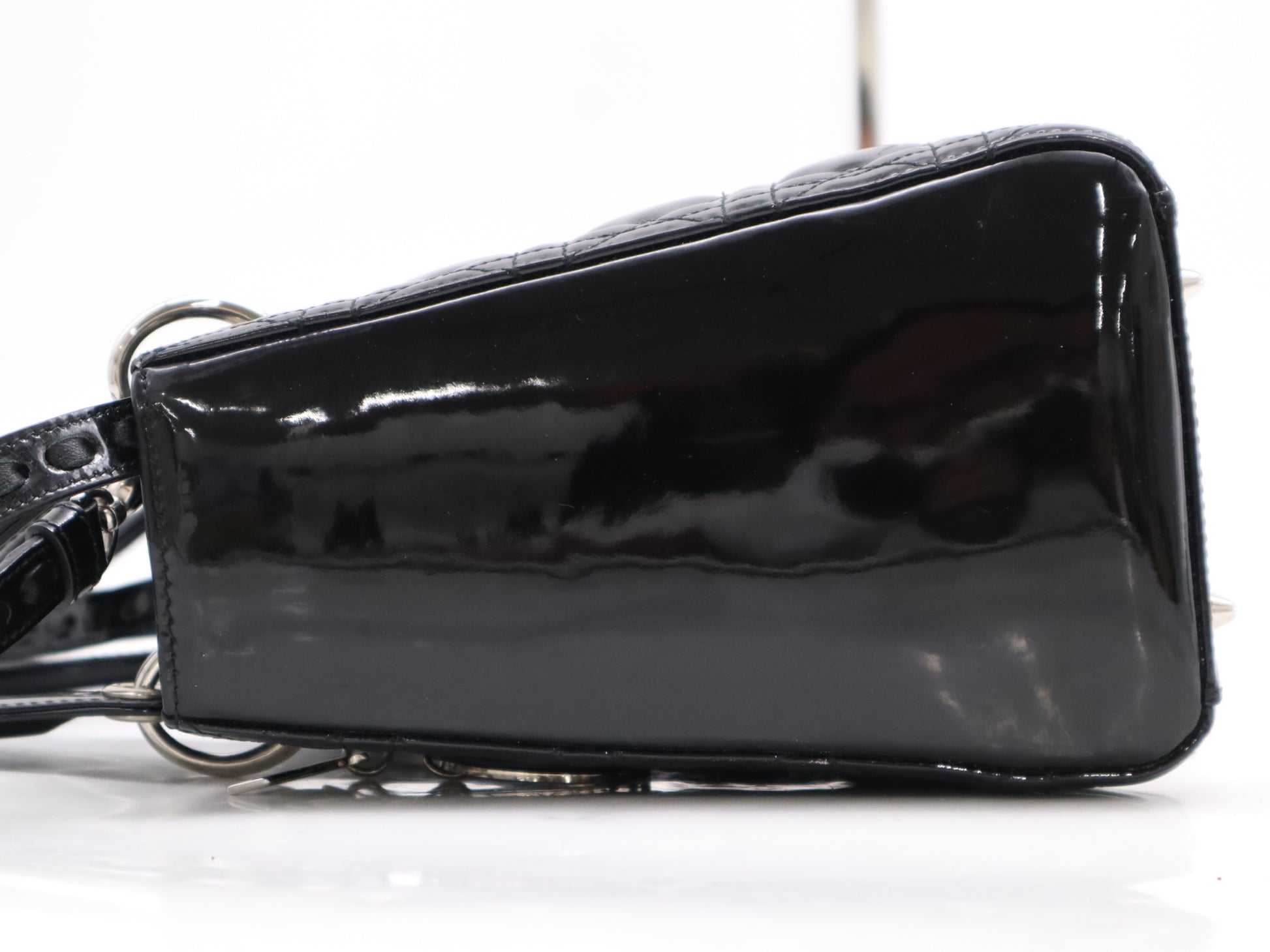Dior Enamel Lady Dior Medium Cannage Handbag in Black with Silver Hardware, Two Straps, Dust Bag, and Card