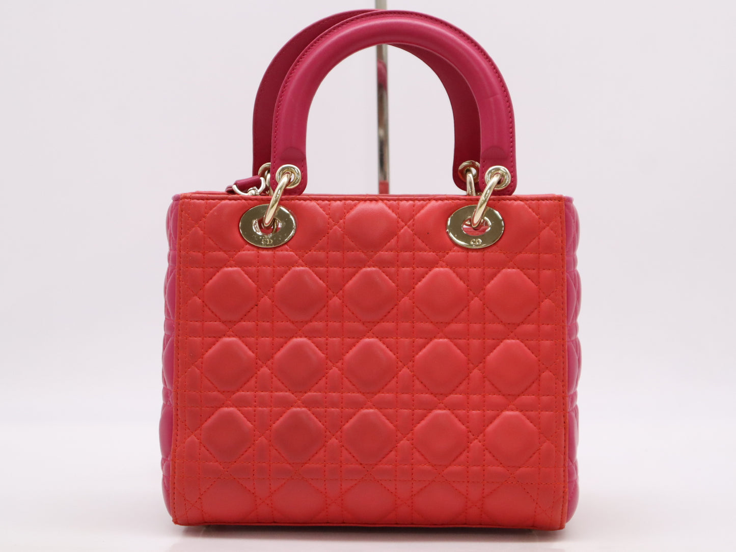 Dior Leather Lady Dior Medium Cannage Handbag with GD Hardware, Red and Pink, Shoulder Strap